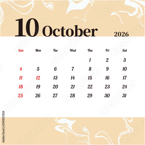 2026年10月の月間カレンダー 日曜始まり 日本の祝日 秋色の抽象的背景
