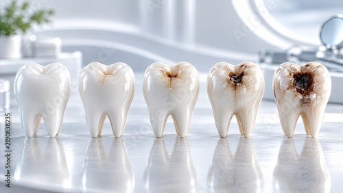 A row of five teeth models showing the progression of tooth decay and cavities