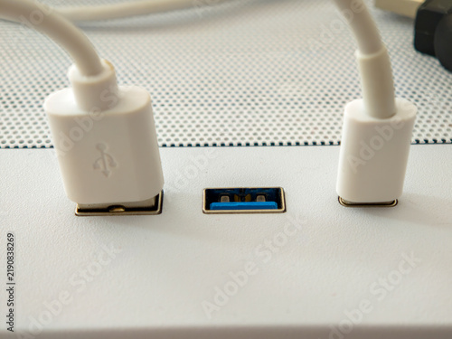 Close Up of White USB Cables Plugged into Computer Front Panel Ports