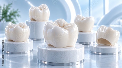 Five White Zirconia Dental Crowns Displayed Elegantly on Small Marble Pedestals in Clinical Setting