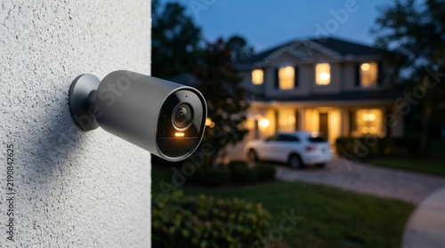 A smart security camera with illuminated indicators providing home protection at a suburban house exterior.