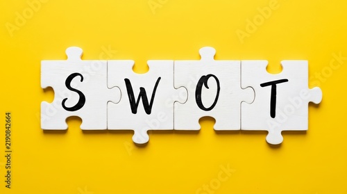 Conceptual SWOT analysis framework showing four puzzle pieces with letters on a solid yellow background.