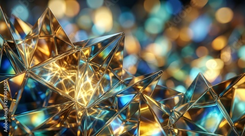 A modern abstract background of geometric glass facets with blue and gold tones.