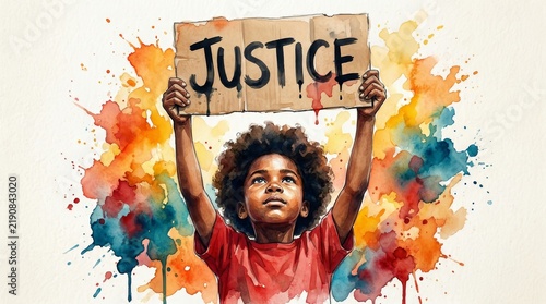 Empowerment and equality themed watercolor painting of an African American child raising a justice sign.