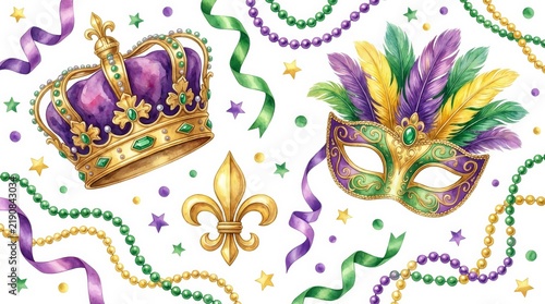 Mardi Gras concept art with a decorative crown, masquerade mask, fleur-de-lis, and colorful festive elements.