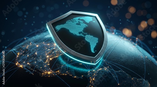 Cybersecurity and geopolitical tensions illustrated by a digital shield over a glowing global map.