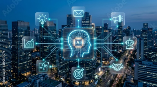A business background displaying futuristic artificial intelligence concepts and interconnected digital technology icons.