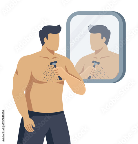 Young muscular man shaving his chest - vector illustration.
