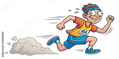 Cartoon boy running fast with a funny expression and dust cloud.