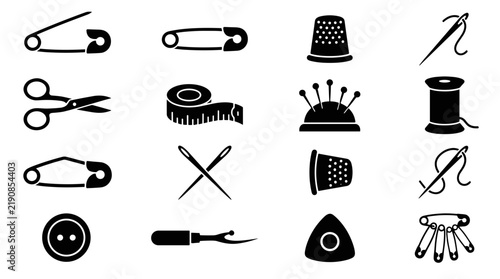 Sewing Tools Icons Collection Safety Pins Thimble Scissors Measuring Tape Needle Spool Thread