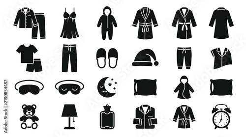 Collection of sleepwear and bedtime accessories icons in black and white