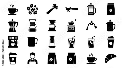 Coffee Icons Set Featuring Brewing Equipment Drinks And Accessories