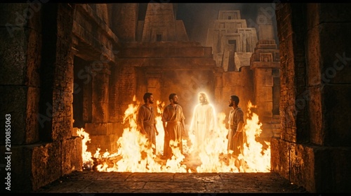 three men in the fiery furnace biblical story with glowing figure - ai generated