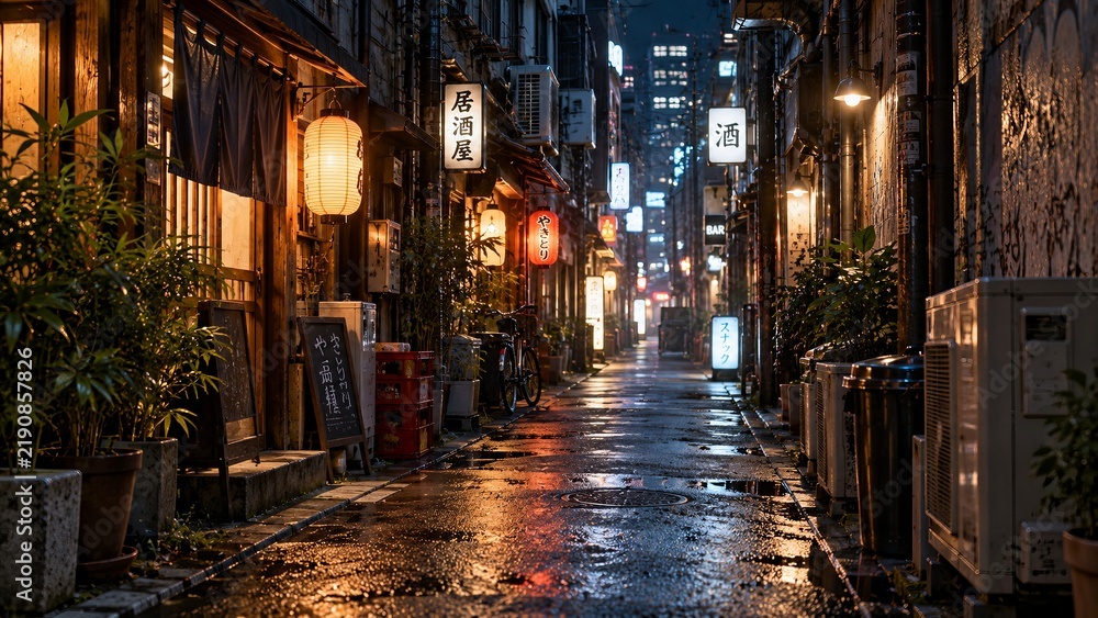 Fototapeta premium Japanese Street Food with Atmospheric Night Lantern Light and Izakaya 