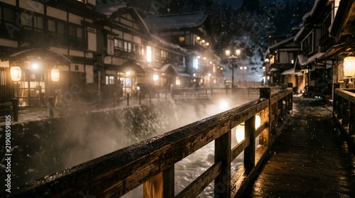Nostalgic Winter Evening in a Historic Japanese Hot Spring Village with Snowfall