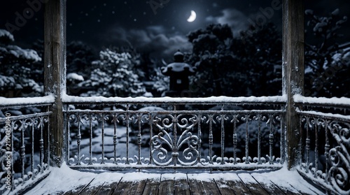 Taisho Era Style Balcony with Snowy Japanese Garden Under a Winter Moon