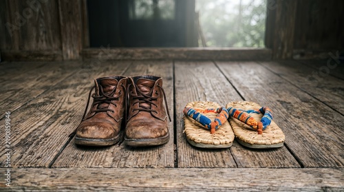 Taisho Era Nostalgia Old Leather Boots and Japanese Zori on a Rustic Wooden Floor