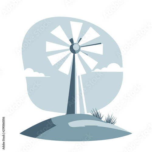 Windmill illustration on hill with clouds