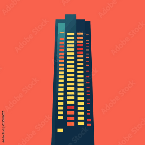 Tall building with lit windows against orange background