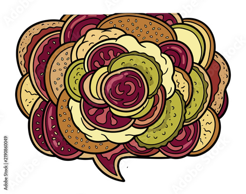 Conceptual Gastronomy and Flavor Profile Illustration Showing a Layered Explosion of Gourmet Burger Ingredients for High End Restaurant Menus and Culinary Arts Marketing Campaigns