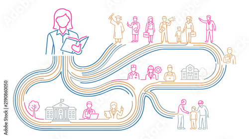 Educational Impact and Career Path Guidance Illustration Showing Teacher Mentorship Influencing Diverse Professional Success in Medicine Business and Trade for Vocational Training and Pedagogy