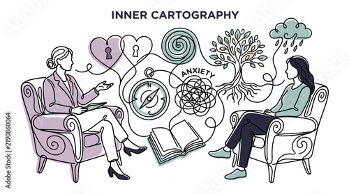 Inner Cartography and Mental Health Mapping Illustration depicting Anxiety Treatment and Emotional Intelligence in Psychotherapy for Trauma Recovery and Psychological Self Discovery