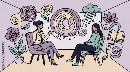 Psychotherapy Session and Mental Health Reflection Illustration depicting Emotional Healing and Mindfulness Treatment in Clinical Psychology for Wellness Stress Management and Therapy