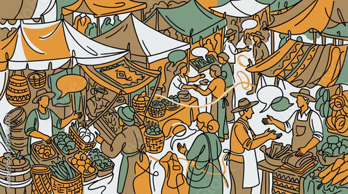 Traditional Open Air Market and Local Commerce Illustration depicting Sustainable Trade Community Interaction and Artisanal Produce Sales for Cultural Heritage and Local Economy