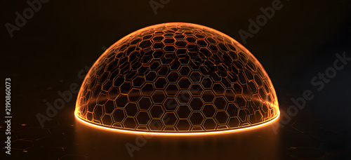 A cutting-edge, vibrant orange, holographic dome shield with wispy, glowing edges and a hexagonal design on a dark background, serving as a protective energy barrier for data security. Vector illustra