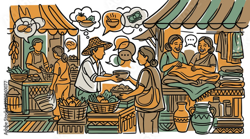 Traditional Market Vendor and Consumer Interaction Illustration depicting Micro Entrepreneurship and Cultural Retail Trade with Street Food and Handcrafted Goods for Social Commerce