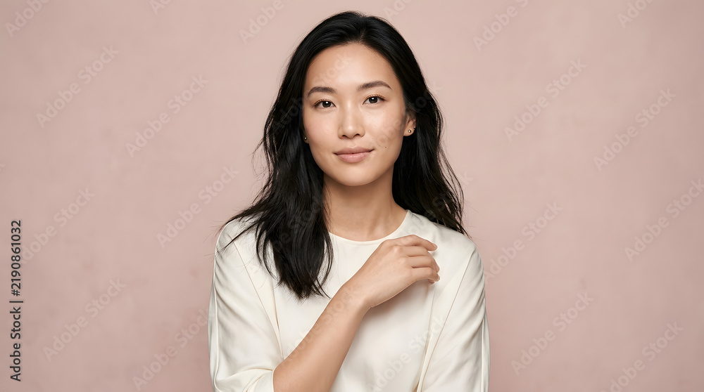 Fototapeta premium Studio portrait of a serene young Asian woman with natural beauty looking at camera