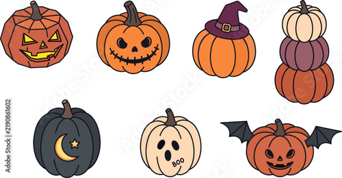 Halloween Pumpkin Set Vector Illustration with Scary Faces, Jack-o-Lanterns, Autumn Decorations, Spooky Holiday Symbols and Cartoon Style Designs
