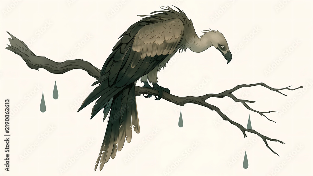 Obraz premium Dark fantasy vulture bird with bare head perched on a twisted bare branch with falling teardrops in muted beige tones for gothic mystical designs