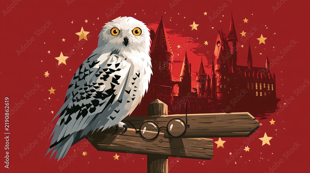 Obraz premium Enchanted snowy owl perched on a rustic wooden signpost beside round spectacles with a magic castle silhouette and golden stars on deep red background