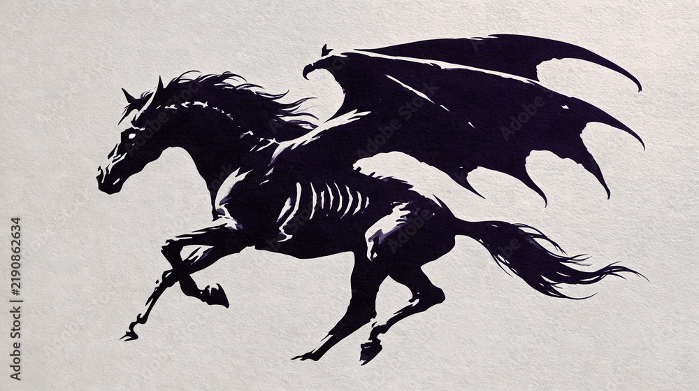 Obraz premium Dark fantasy winged horse galloping in black ink silhouette with skeletal ribs and wide bat wings on textured paper for mythical creature art