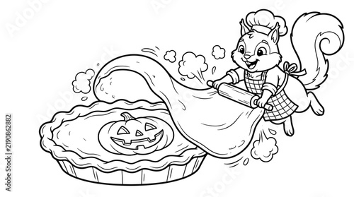 Squirrel chef rolling dough for a pumpkin pie in a coloring page  