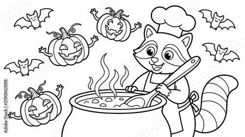 Raccoon chef stirring a pot with pumpkins and bats in a coloring page  