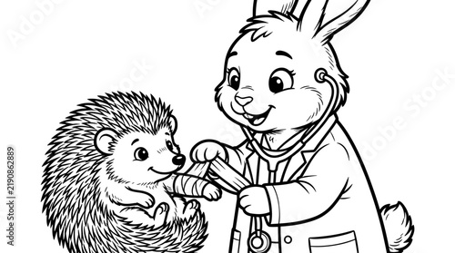 Rabbit doctor treating hedgehog with bandage in a coloring page  