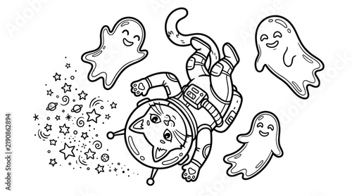 Cat in an astronaut suit floating in space with friendly ghosts  