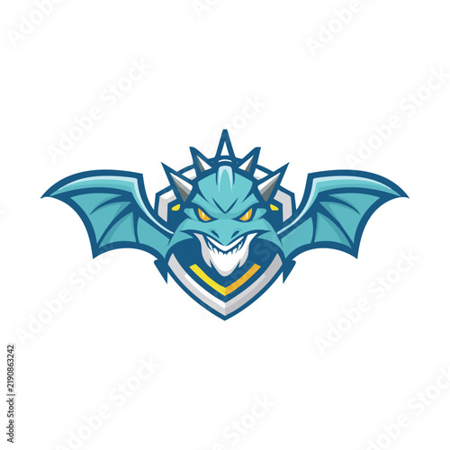 A fierce blue dragon head with outstretched wings and sharp teeth, set against a shield, designed as a powerful mascot or logo.