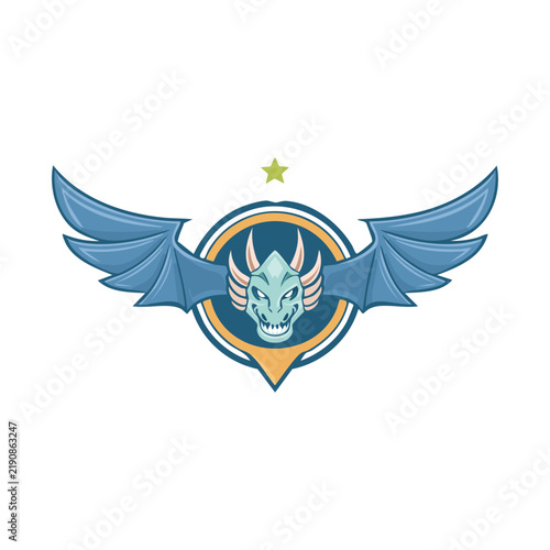 Stylized blue dragon head emblem with large wings and a star, designed as a fantasy badge or logo.