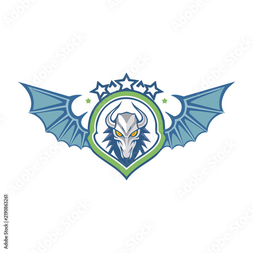 A stylized logo featuring a horned skull or dragon head within a shield, flanked by blue bat wings and topped with stars, on a white background.
