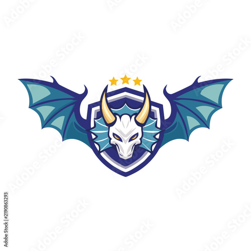 A stylized blue and white dragon skull emblem with golden horns, bat wings, and three stars above a shield.