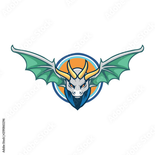 A stylized dragon head with green wings and yellow horns, set against a circular emblem.