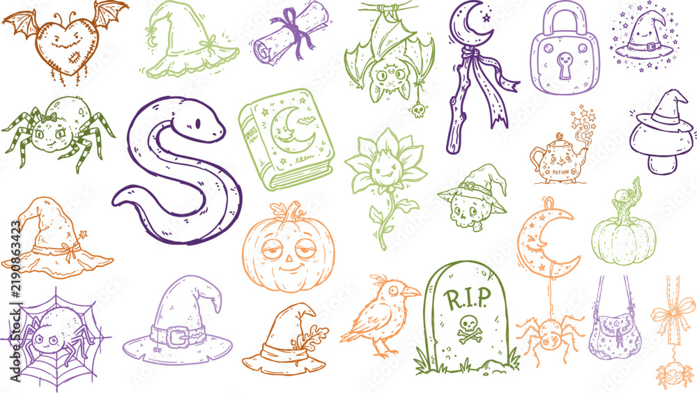 Fototapeta premium Halloween naive illustration set of spooky doodles