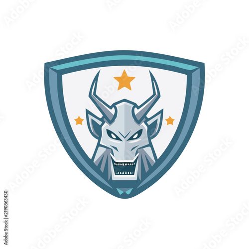 A fierce horned creature's head with sharp teeth and menacing eyes, depicted within a blue and white shield emblem with three stars, in a modern mascot logo style.