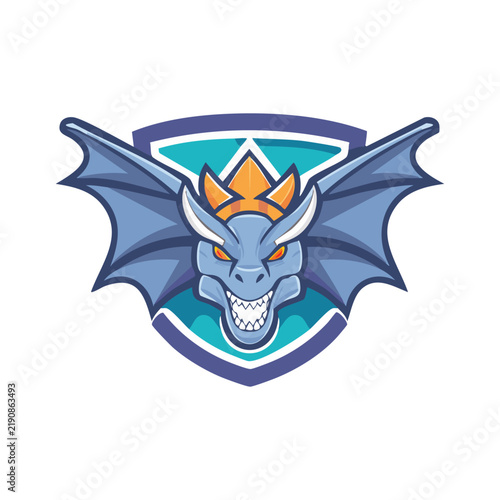 Stylized blue dragon mascot with spread wings and orange crown on a shield logo design.