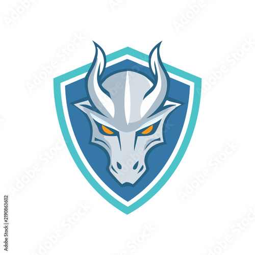 Stylized silver dragon head with orange eyes inside a blue and teal shield logo.