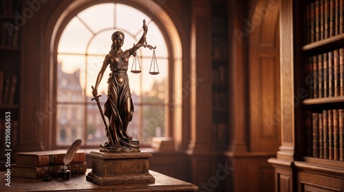 Statue of justice in library with scales and sword, legal concept and law