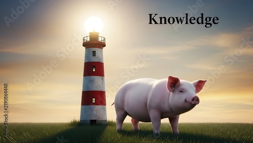 Pig by lighthouse at sunset with knowledge text.